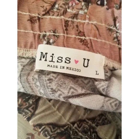 Large Women's Skirt Patchwork Floral Tile Print Brown Multi Ruffle by Miss U - Picture 4 of 8